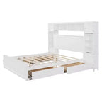 Queen Size Platform Bed with All-in-One Cabinet and Storage Shelf, Wooden Queen Bed Frame with 4 Drawers and Sockets