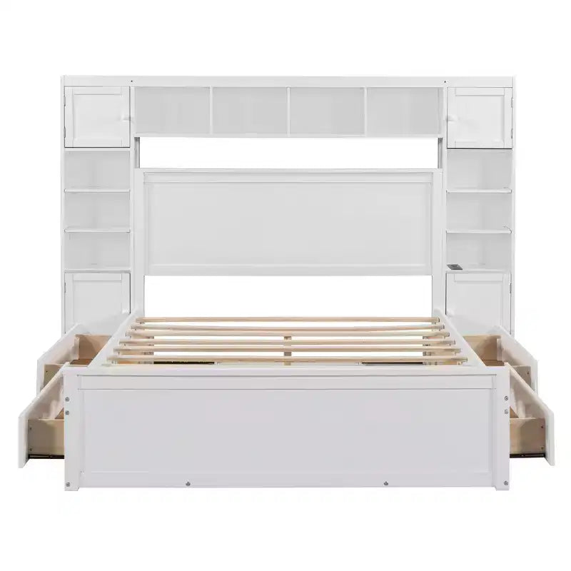 Queen Size Platform Bed with All-in-One Cabinet and Storage Shelf, Wooden Queen Bed Frame with 4 Drawers and Sockets