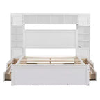 Queen Size Platform Bed with All-in-One Cabinet and Storage Shelf, Wooden Queen Bed Frame with 4 Drawers and Sockets