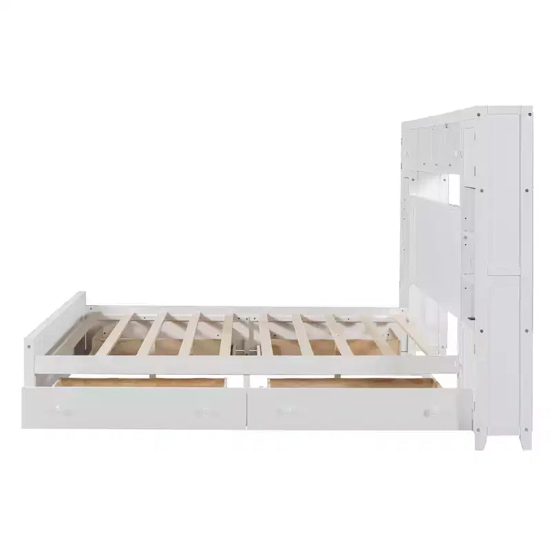 Queen Size Platform Bed with All-in-One Cabinet and Storage Shelf, Wooden Queen Bed Frame with 4 Drawers and Sockets