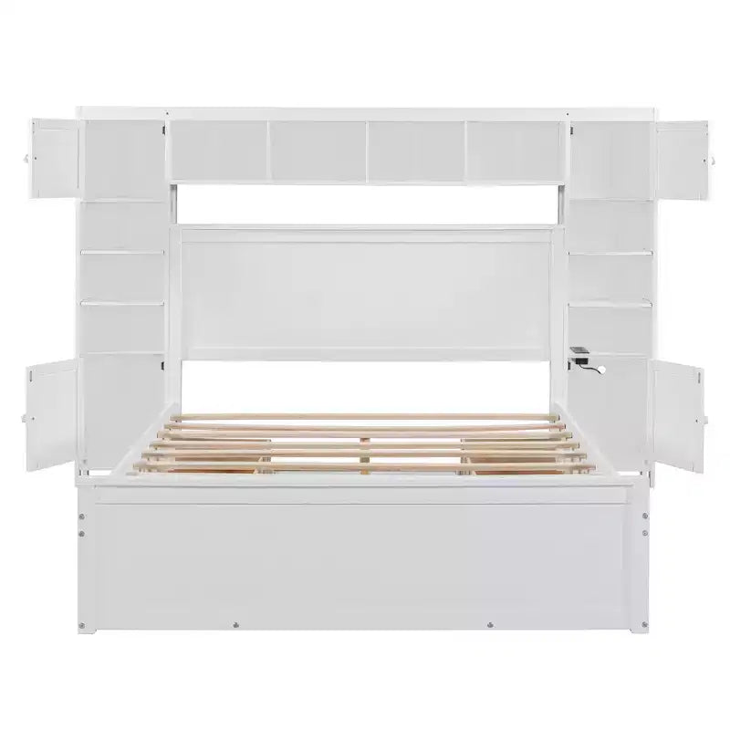 Queen Size Platform Bed with All-in-One Cabinet and Storage Shelf, Wooden Queen Bed Frame with 4 Drawers and Sockets