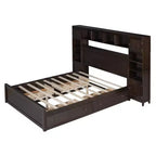 Queen Size Platform Bed with All-in-One Cabinet and Storage Shelf, Wooden Queen Bed Frame with 4 Drawers and Sockets