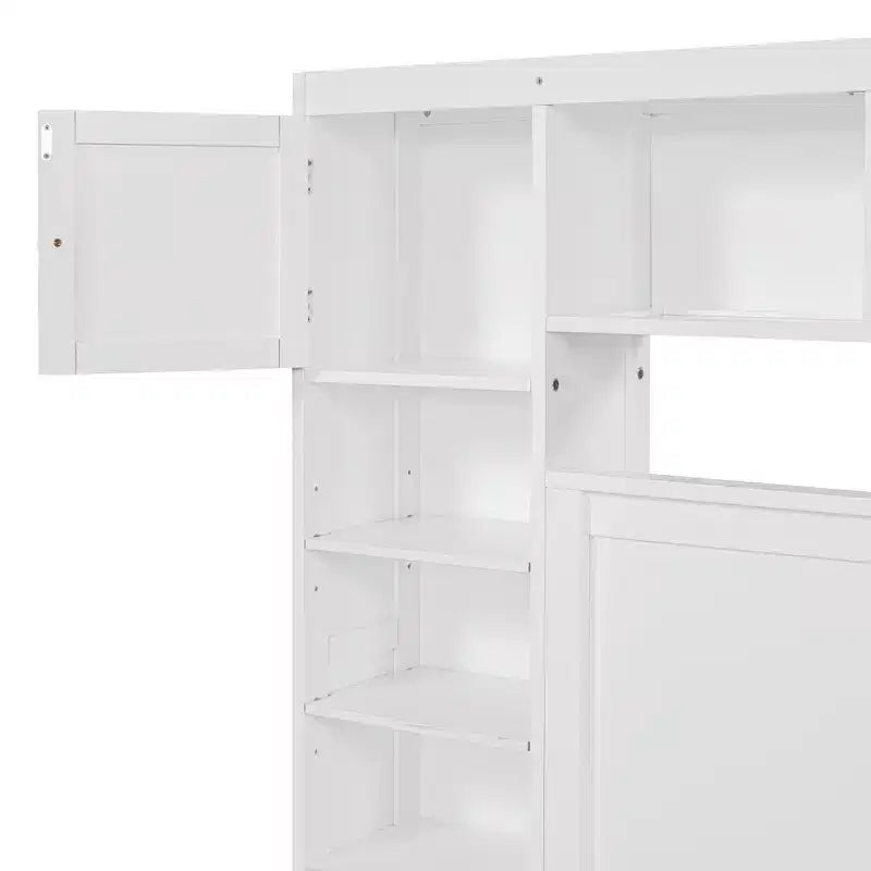 Queen Size Platform Bed with All-in-One Cabinet and Storage Shelf, Wooden Queen Bed Frame with 4 Drawers and Sockets