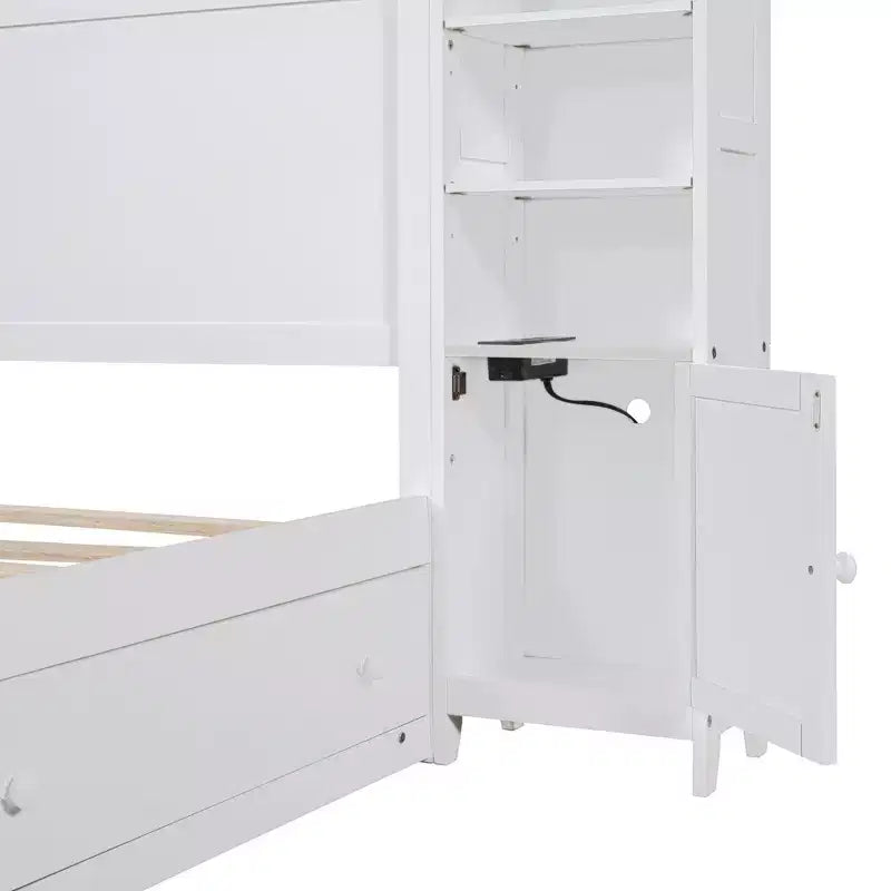 Queen Size Platform Bed with All-in-One Cabinet and Storage Shelf, Wooden Queen Bed Frame with 4 Drawers and Sockets