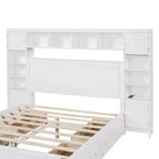 Queen Size Platform Bed with All-in-One Cabinet and Storage Shelf, Wooden Queen Bed Frame with 4 Drawers and Sockets