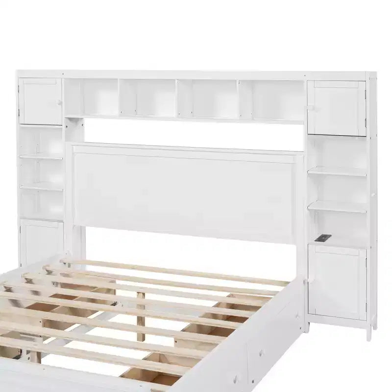 Queen Size Platform Bed with All-in-One Cabinet and Storage Shelf, Wooden Queen Bed Frame with 4 Drawers and Sockets