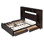 Queen Size Platform Bed with All-in-One Cabinet and Storage Shelf, Wooden Queen Bed Frame with 4 Drawers and Sockets