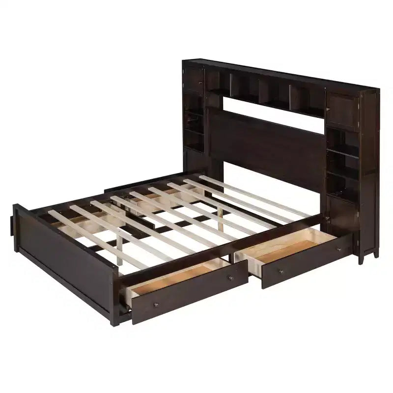 Queen Size Platform Bed with All-in-One Cabinet and Storage Shelf, Wooden Queen Bed Frame with 4 Drawers and Sockets