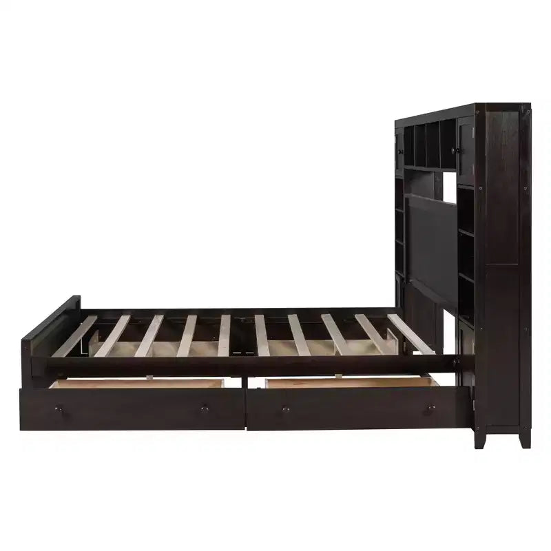 Queen Size Platform Bed with All-in-One Cabinet and Storage Shelf, Wooden Queen Bed Frame with 4 Drawers and Sockets