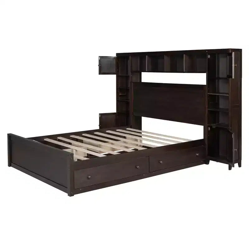 Queen Size Platform Bed with All-in-One Cabinet and Storage Shelf, Wooden Queen Bed Frame with 4 Drawers and Sockets