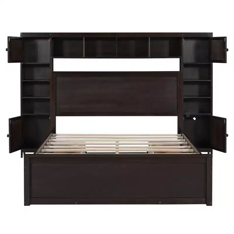 Queen Size Platform Bed with All-in-One Cabinet and Storage Shelf, Wooden Queen Bed Frame with 4 Drawers and Sockets