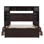 Queen Size Platform Bed with All-in-One Cabinet and Storage Shelf, Wooden Queen Bed Frame with 4 Drawers and Sockets