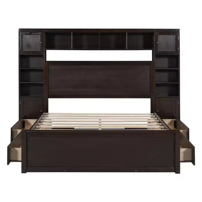 Queen Size Platform Bed with All-in-One Cabinet and Storage Shelf, Wooden Queen Bed Frame with 4 Drawers and Sockets