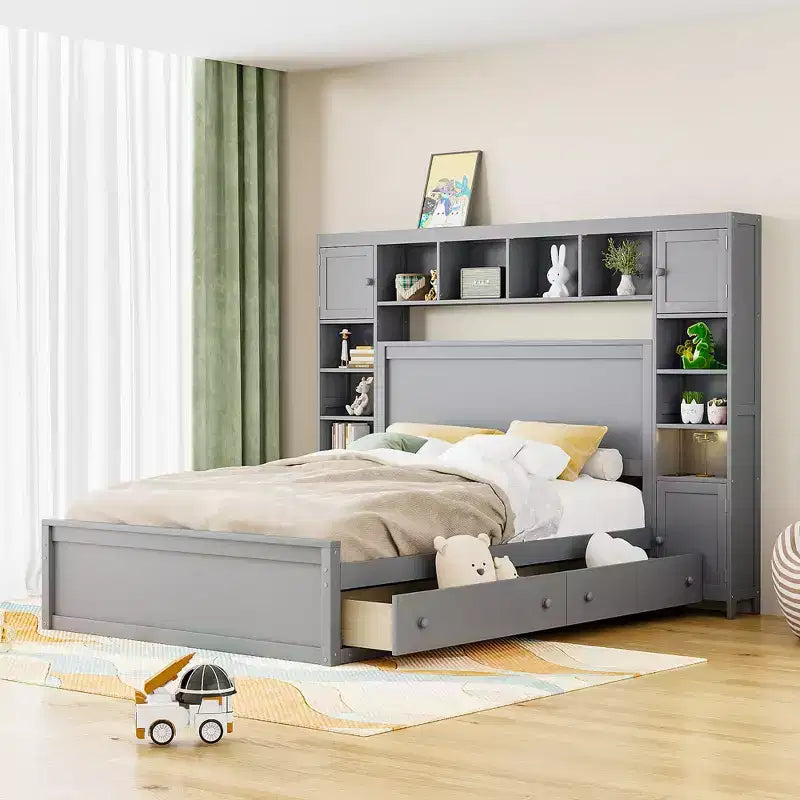 Queen Size Platform Bed with All-in-One Cabinet and Storage Shelf, Wooden Queen Bed Frame with 4 Drawers and Sockets
