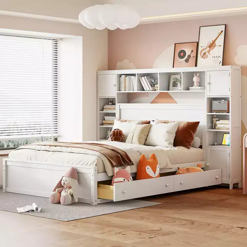 Queen Size Platform Bed with All-in-One Cabinet and Storage Shelf, Wooden Queen Bed Frame with 4 Drawers and Sockets