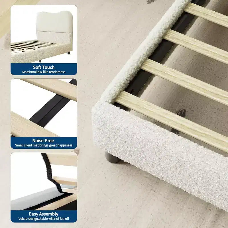 Cadre de lit en tissu bouclé rembourré avec tête de lit – Aucun sommier tapissier requis