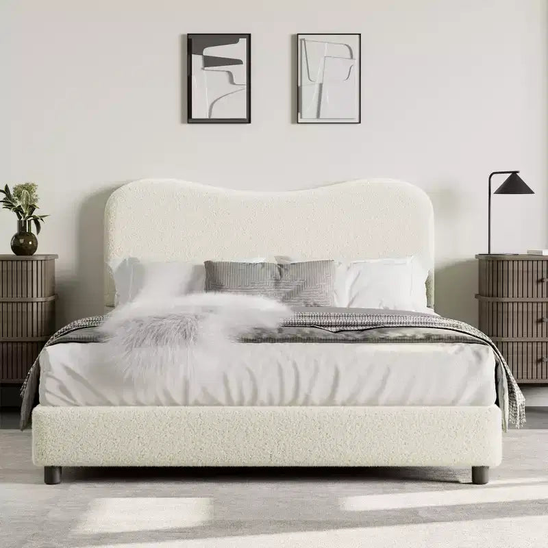 Cadre de lit en tissu bouclé rembourré avec tête de lit – Aucun sommier tapissier requis