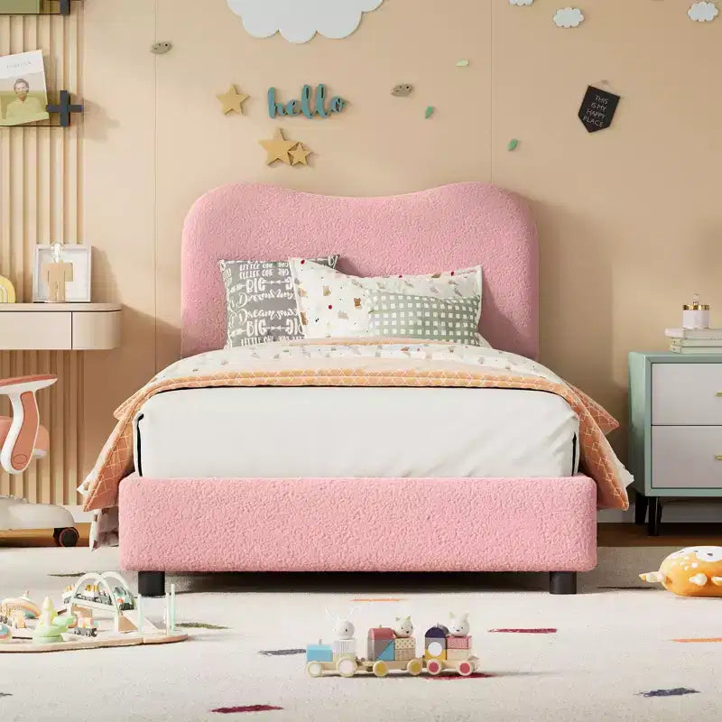 Cadre de lit en tissu bouclé rembourré avec tête de lit – Aucun sommier tapissier requis