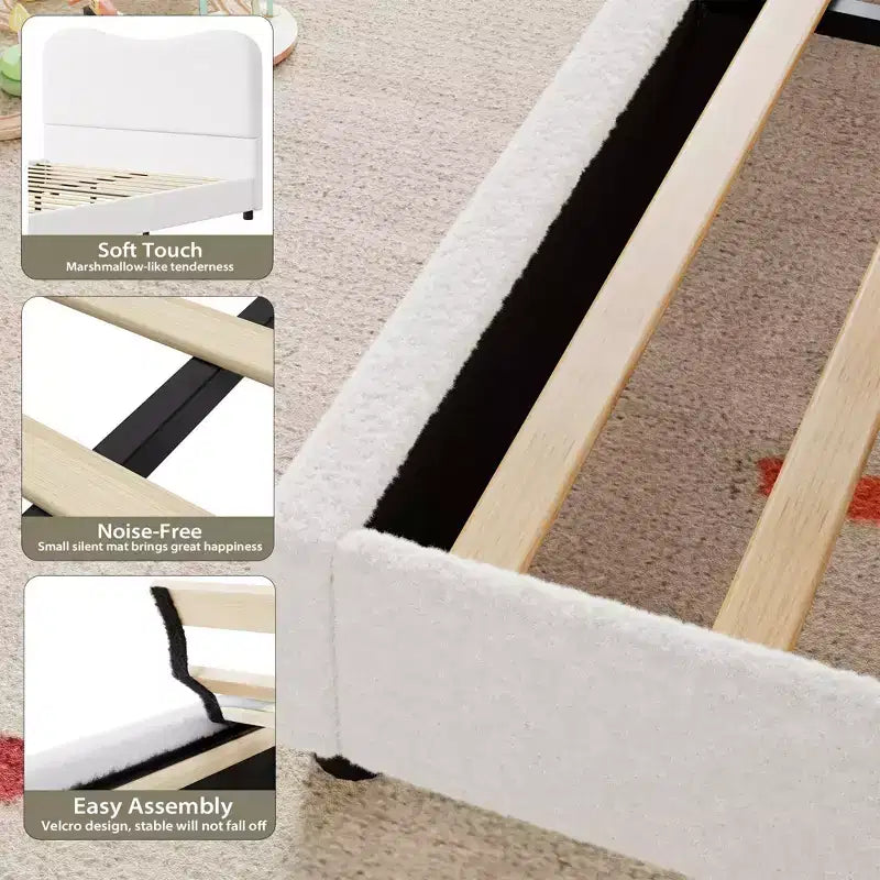 Cadre de lit en tissu bouclé rembourré avec tête de lit – Aucun sommier tapissier requis
