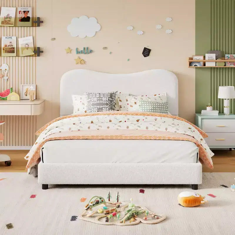 Cadre de lit en tissu bouclé rembourré avec tête de lit – Aucun sommier tapissier requis