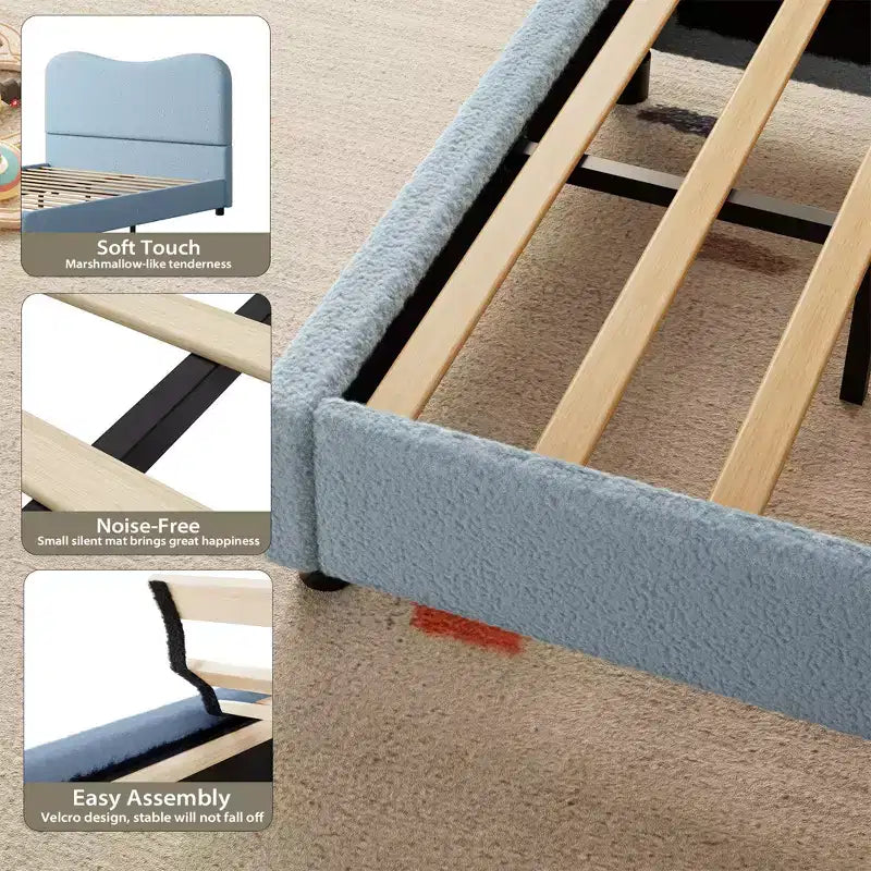 Cadre de lit en tissu bouclé rembourré avec tête de lit – Aucun sommier tapissier requis