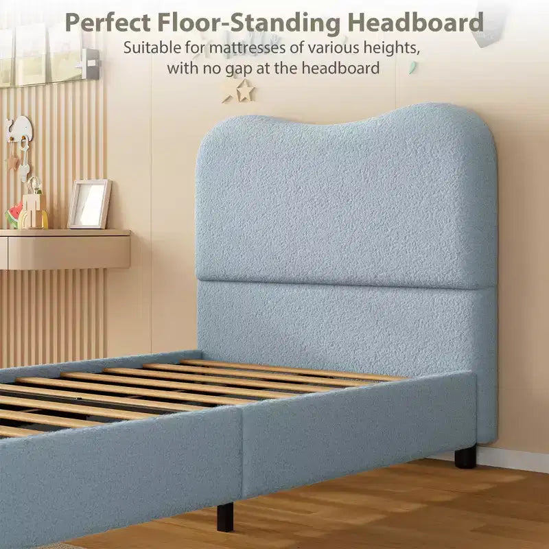 Upholstered Boucle Fabric Bed Frame with Headboard – No Box Spring Needed