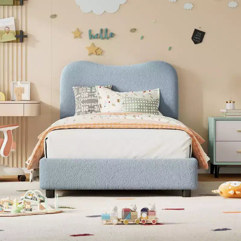 Upholstered Boucle Fabric Bed Frame with Headboard – No Box Spring Needed