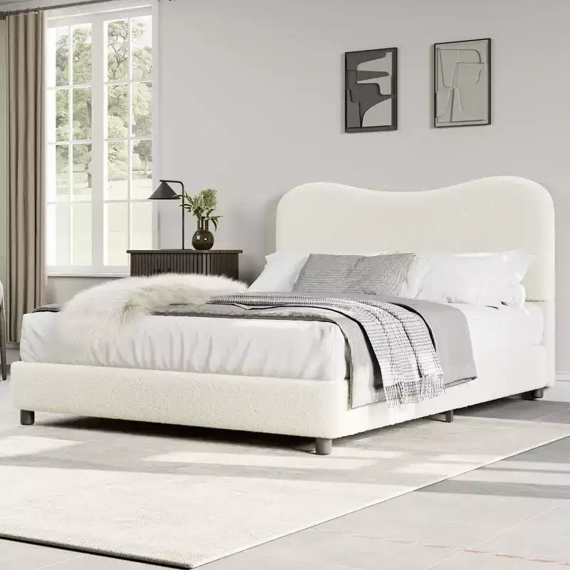 Upholstered Boucle Fabric Bed Frame with Headboard – No Box Spring Needed