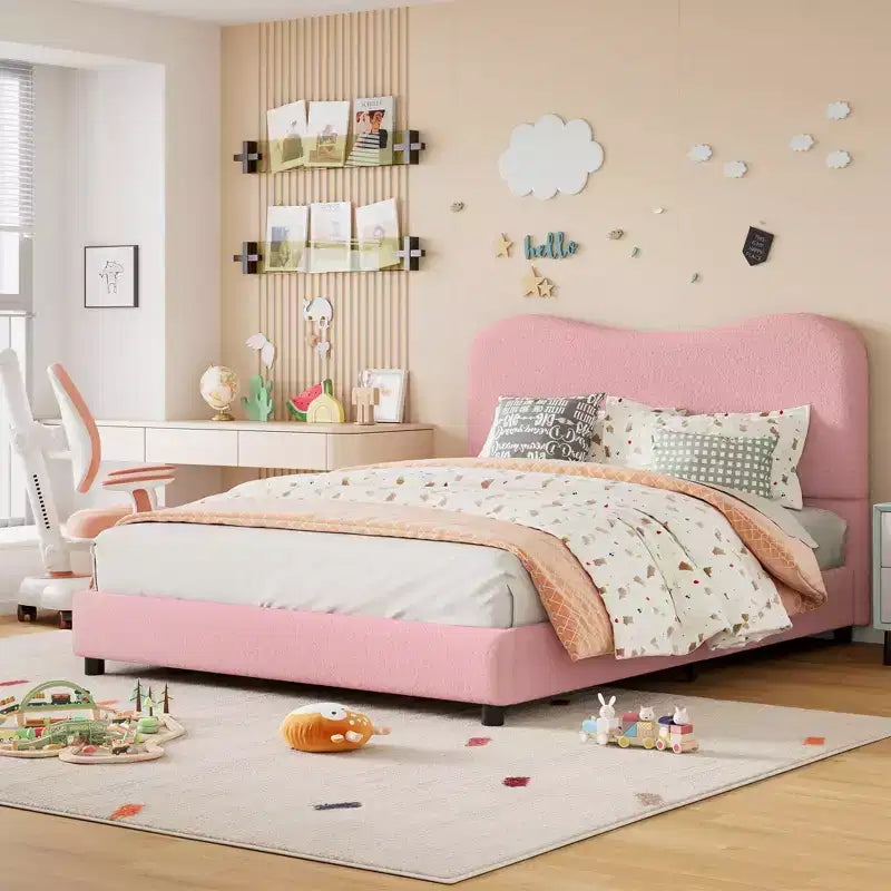 Upholstered Boucle Fabric Bed Frame with Headboard – No Box Spring Needed