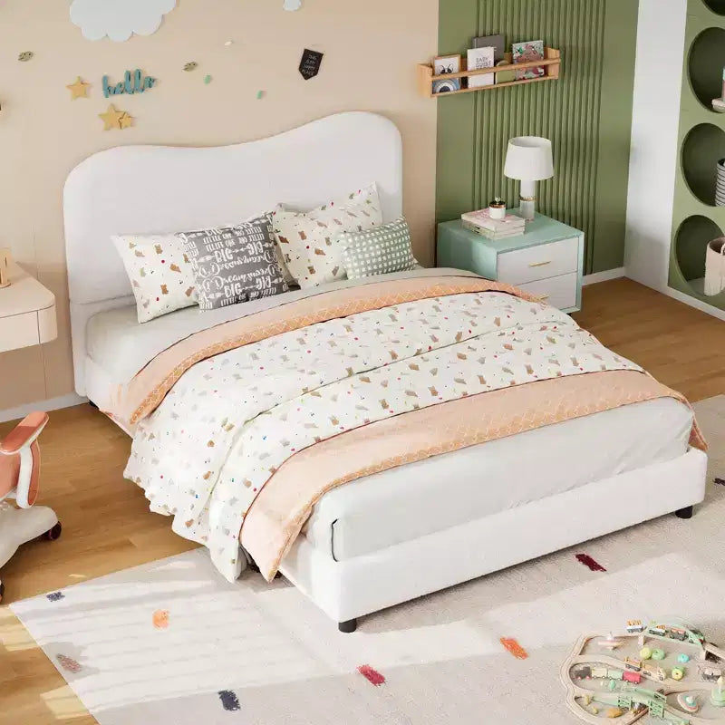Upholstered Boucle Fabric Bed Frame with Headboard – No Box Spring Needed