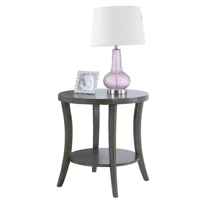 Round Side End Table with Arched Legs & Storage Shelf – Gray, 23.5"H