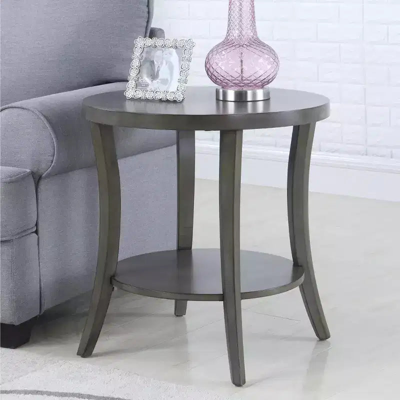 Round Side End Table with Arched Legs & Storage Shelf – Gray, 23.5"H