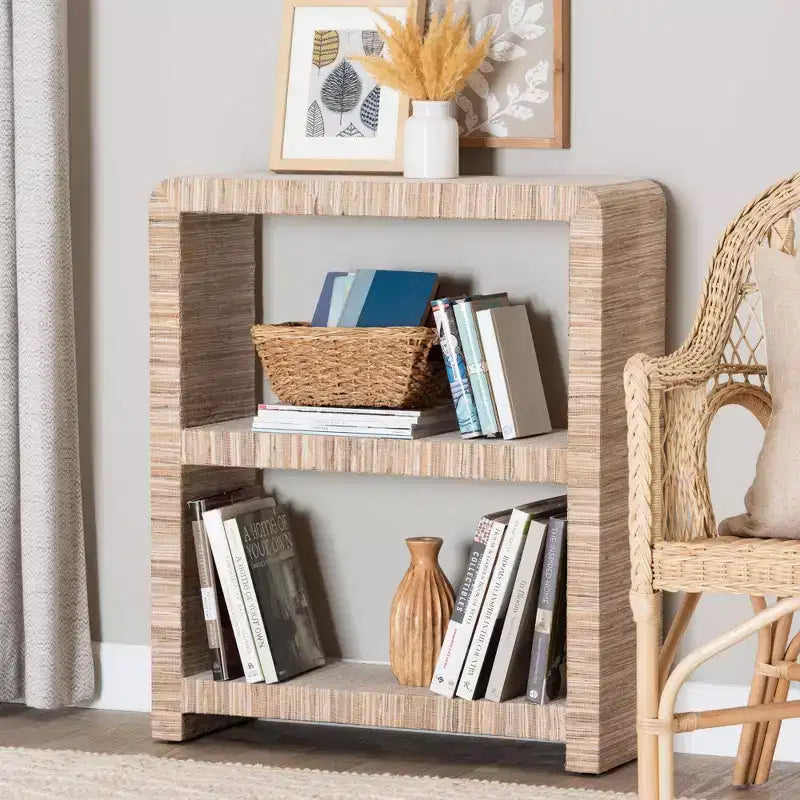 35" Woven Grasscloth Bookshelf – 2-Shelf Bohemian Display, Natural