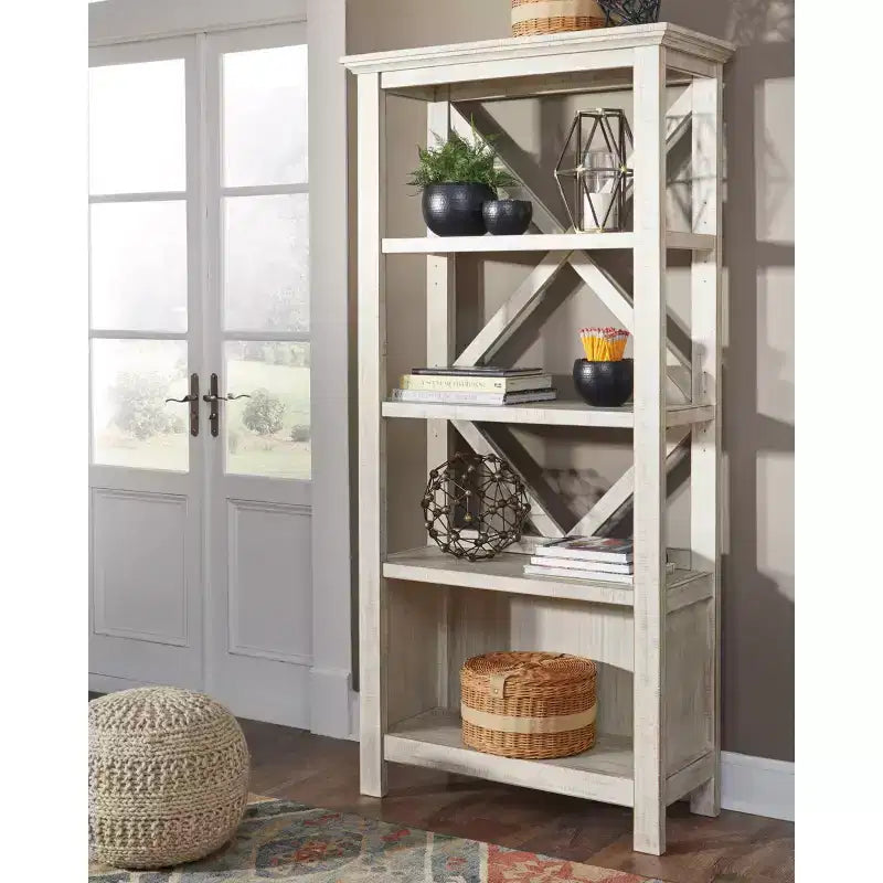 78" Tall Bookcase – 4 Shelves, Distressed Whitewash Finish, Modern Farmhouse
