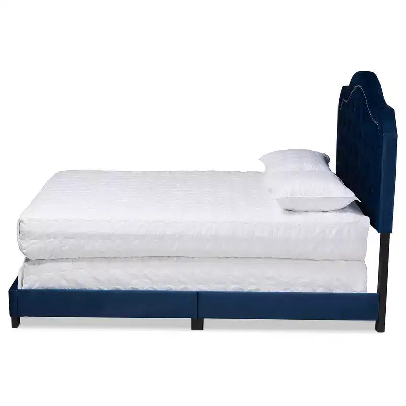 Queen Velvet Button-Tufted Bed – Navy Blue/Black, Silver Nailhead Trim