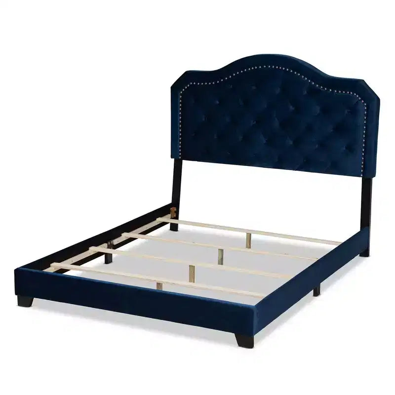 Queen Velvet Button-Tufted Bed – Navy Blue/Black, Silver Nailhead Trim