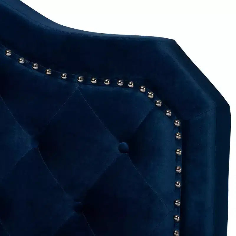 Queen Velvet Button-Tufted Bed – Navy Blue/Black, Silver Nailhead Trim