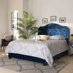 Queen Velvet Button-Tufted Bed – Navy Blue/Black, Silver Nailhead Trim