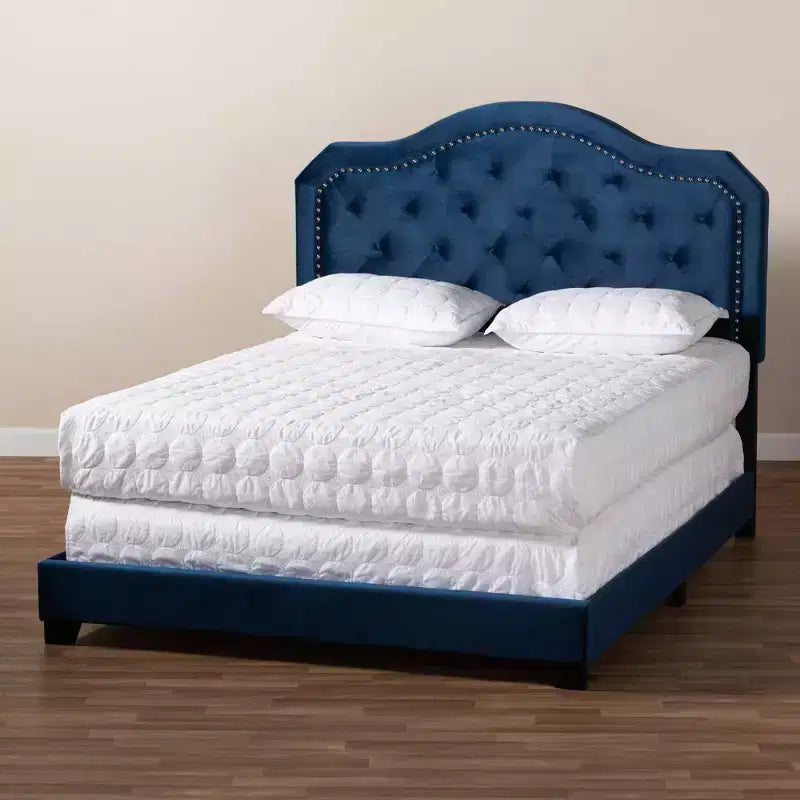 Queen Velvet Button-Tufted Bed – Navy Blue/Black, Silver Nailhead Trim