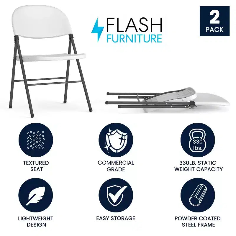 Heavy-Duty Plastic Folding Chairs – Set of 2, 330 lb Capacity, Charcoal Frame