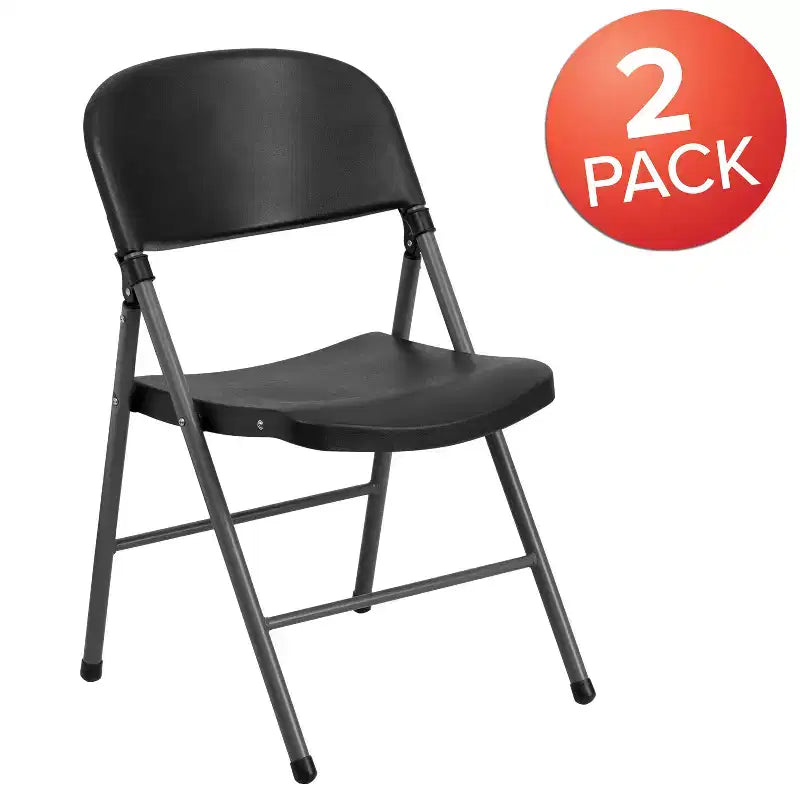 Heavy-Duty Plastic Folding Chairs – Set of 2, 330 lb Capacity, Charcoal Frame