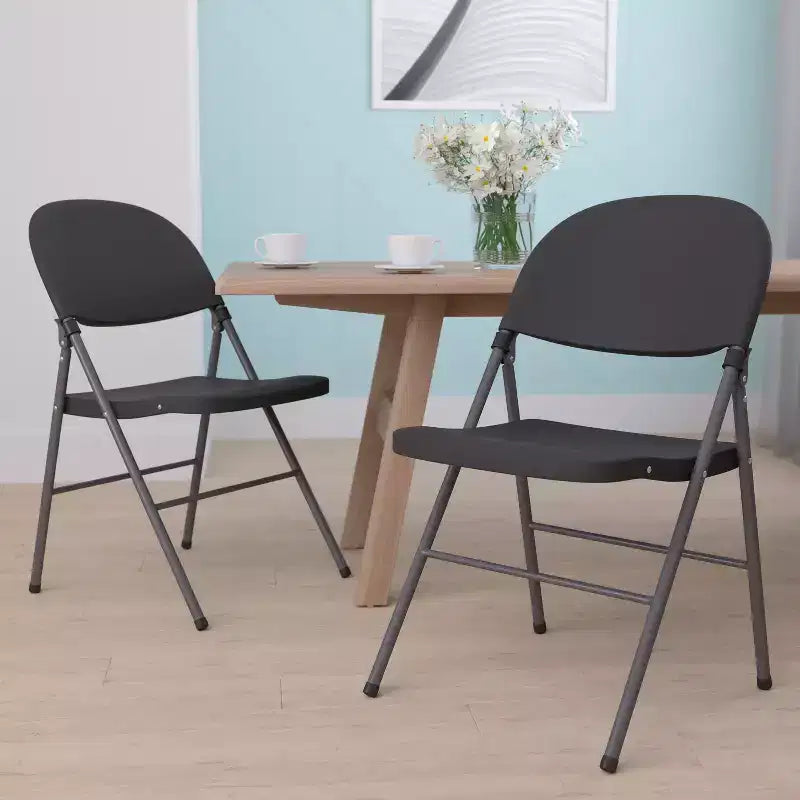 Heavy-Duty Plastic Folding Chairs – Set of 2, 330 lb Capacity, Charcoal Frame