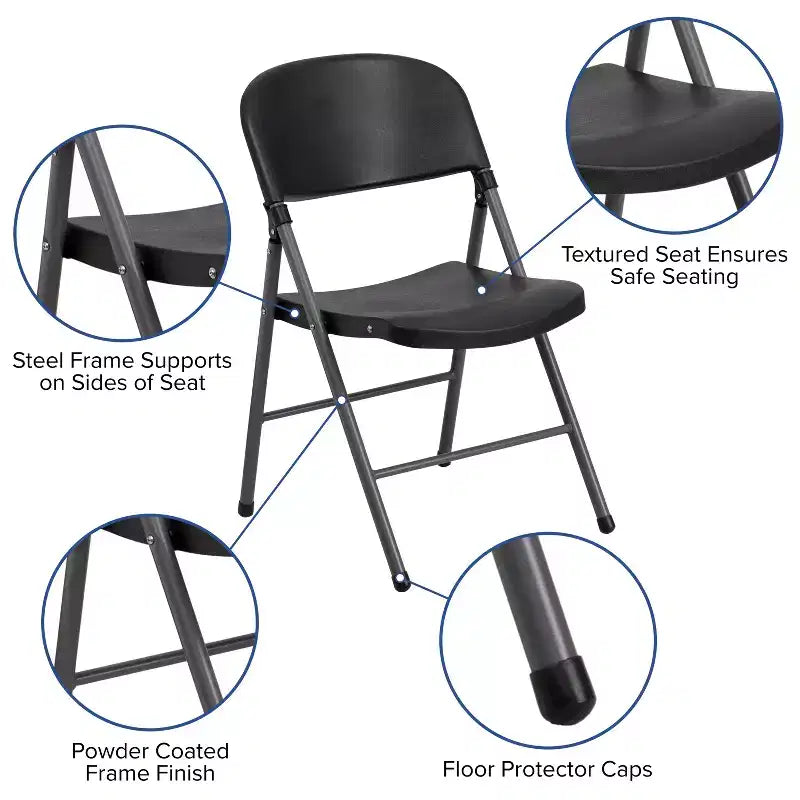 Heavy-Duty Plastic Folding Chairs – Set of 2, 330 lb Capacity, Charcoal Frame