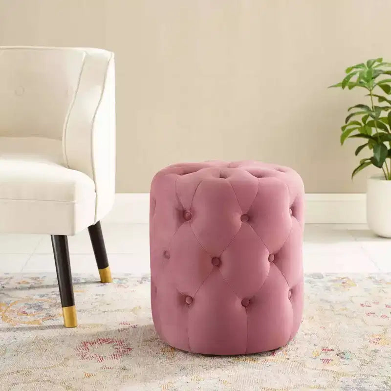 Tufted Button Round Performance Velvet Ottoman