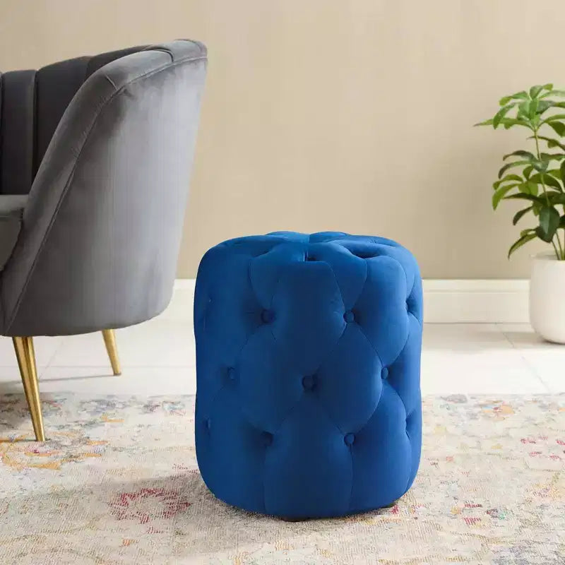 Tufted Button Round Performance Velvet Ottoman
