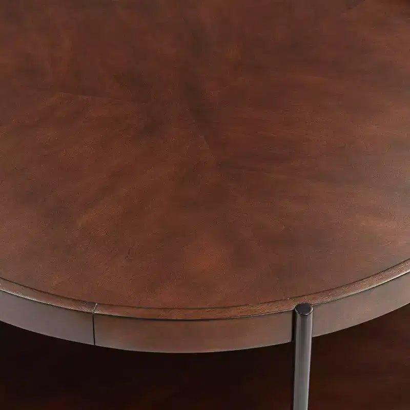 Modern Industrial Minimalist Wood Round Coffee Table 36 Wide with Lower Shelf Dark Brown for Living Room Bedroom Bedside