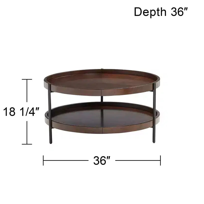 Modern Industrial Minimalist Wood Round Coffee Table 36 Wide with Lower Shelf Dark Brown for Living Room Bedroom Bedside
