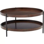 Modern Industrial Minimalist Wood Round Coffee Table 36 Wide with Lower Shelf Dark Brown for Living Room Bedroom Bedside