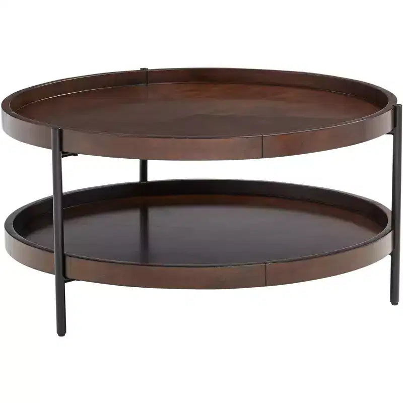 Modern Industrial Minimalist Wood Round Coffee Table 36 Wide with Lower Shelf Dark Brown for Living Room Bedroom Bedside