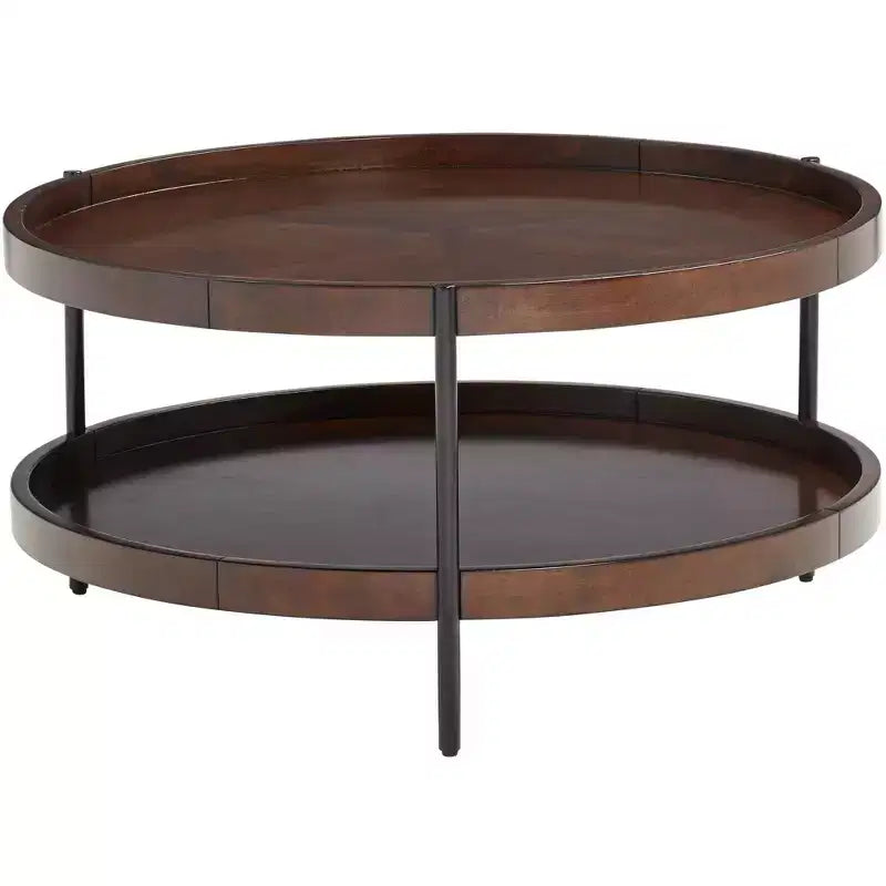 Modern Industrial Minimalist Wood Round Coffee Table 36 Wide with Lower Shelf Dark Brown for Living Room Bedroom Bedside